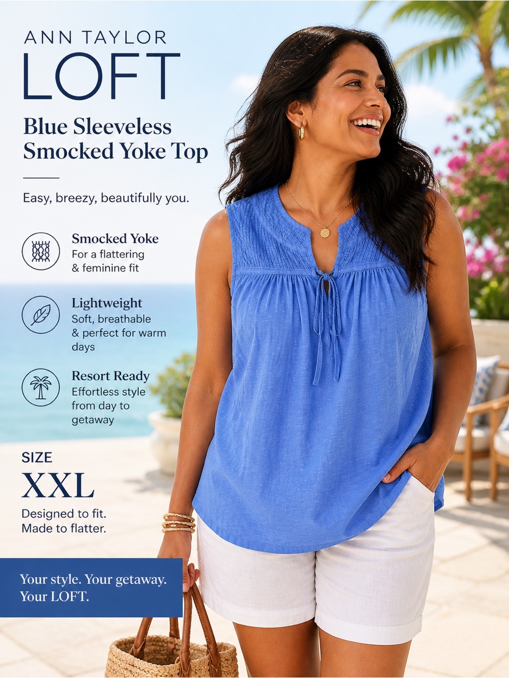 Blue Sleeveless Smocked Yoke Top